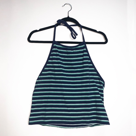 Navy, Seagreen and White Striped Halter Top - Picture 3 of 6